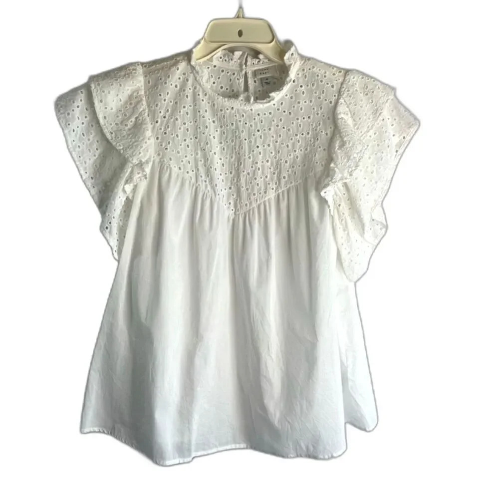 A New‎ Day Flutter Sleeve Mock Ruffled Neck Eyelet Cotton Blouse Size Medium
